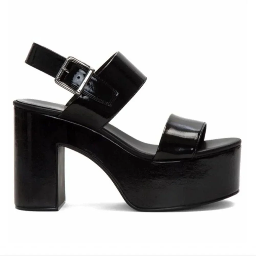 Jeffrey Campbell Moody Black Patent Platform Block Heel Sandals, Sz 9.5